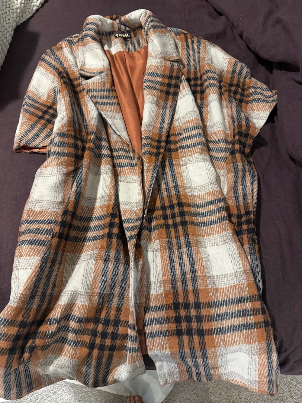 THML Plaid Open-Front Coatigan in Tan & White